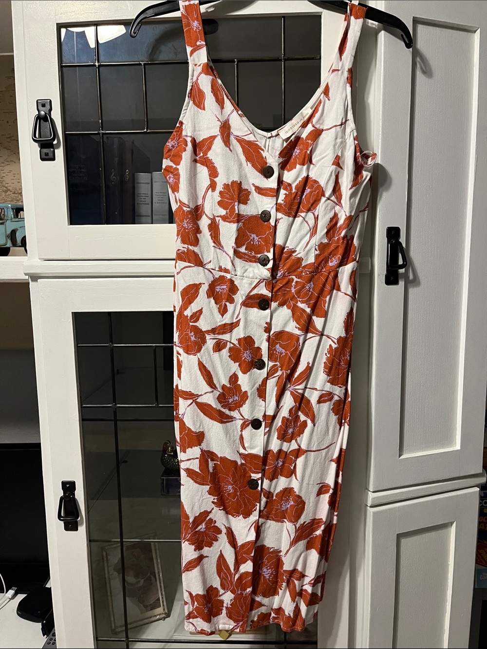 Sleeveless White Midi Dress with Rust Floral Print